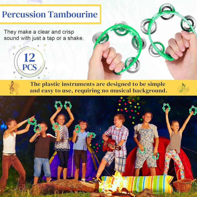 Lukmaa 12 Pcs Plastic Percussion Tambourine with 4 Bells Rhythm Musical Instruments for Adults Hand Tambourine Hand Held Percussion Drum for Party Kindergarten Family School Supplies (Green) - Image 3